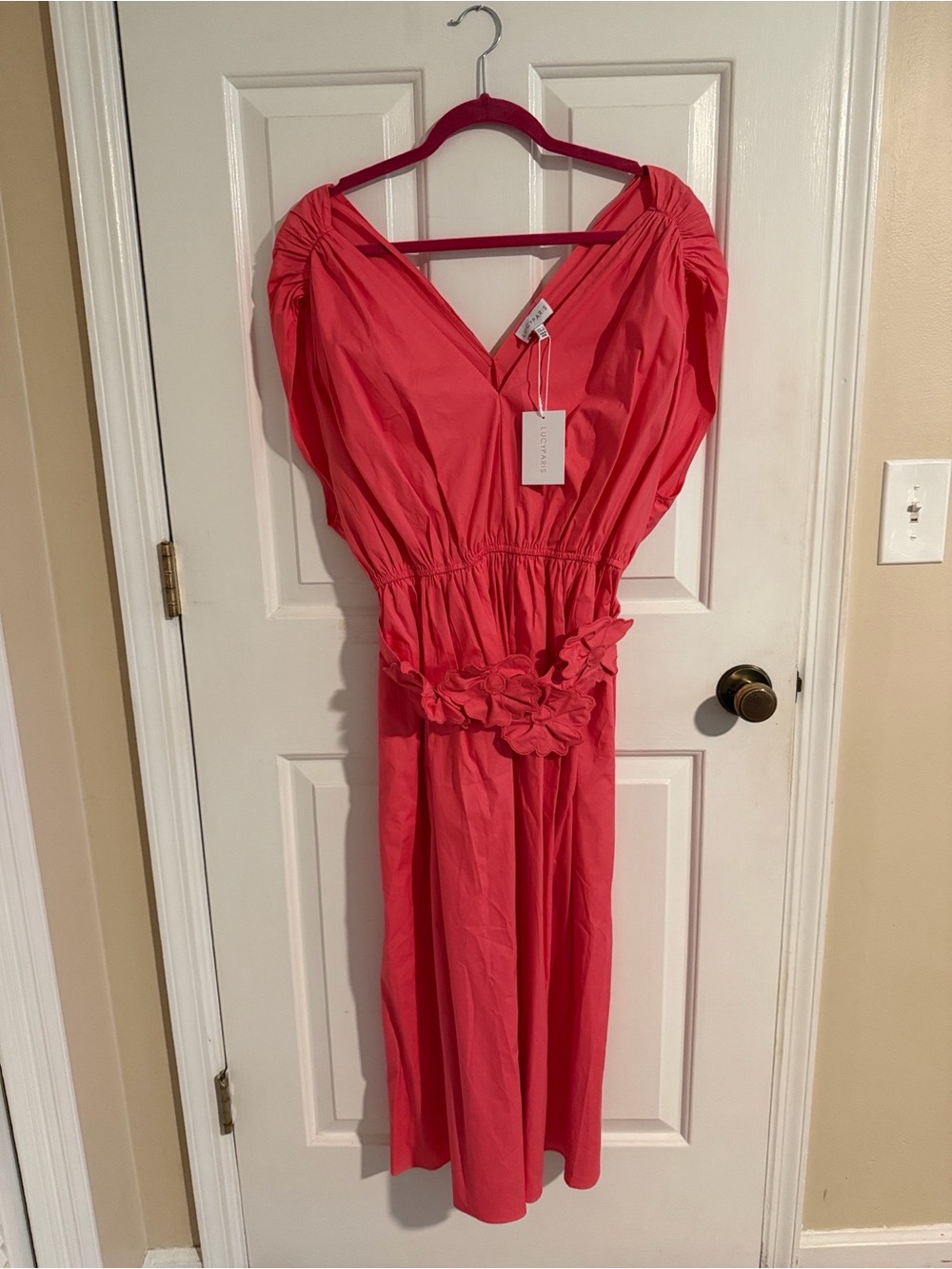 Lucy Paris Coral-Pink Floral-Waist V-Neck Midi Dress with Floral Waist - Picture 2 of 7
